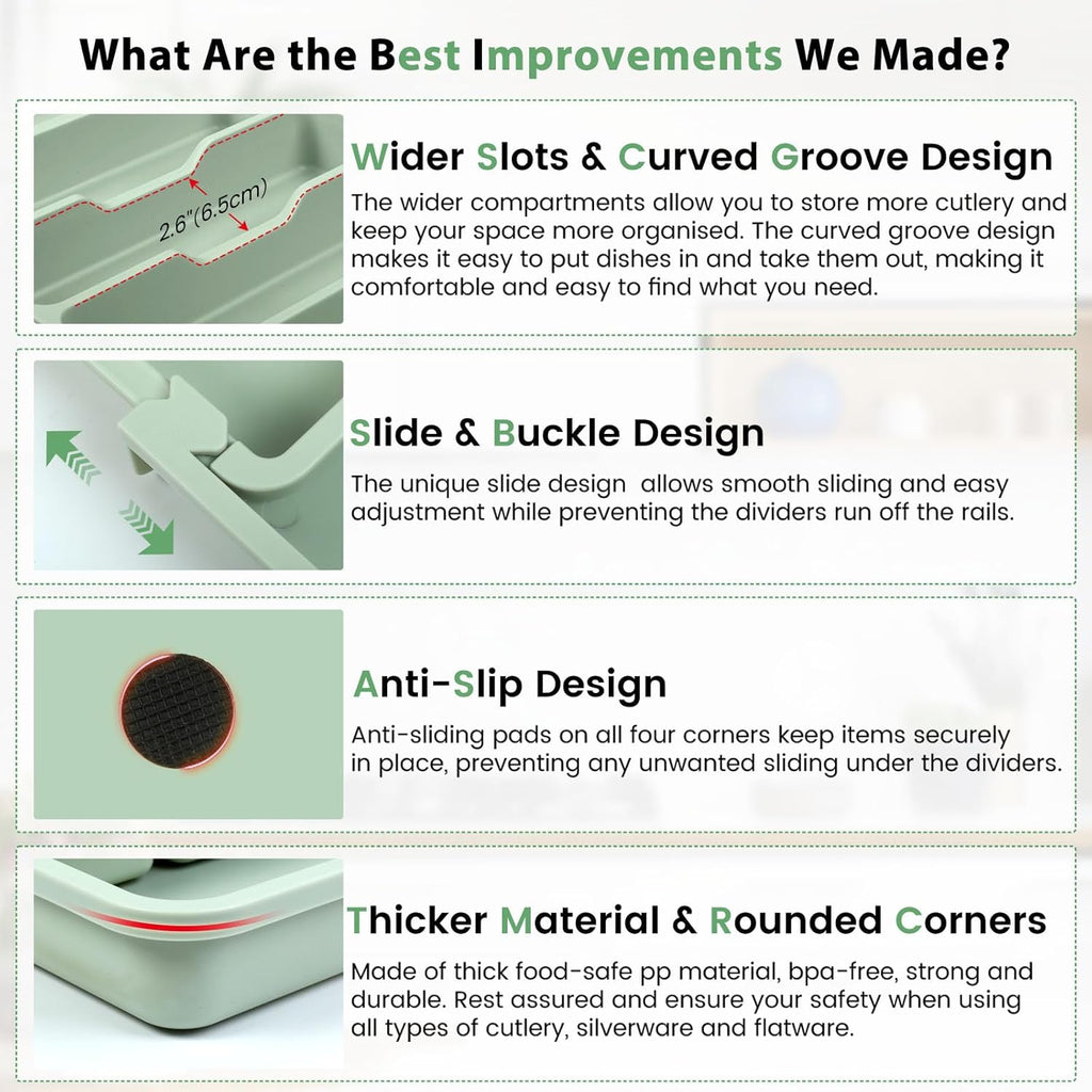 Caperci Large Silverware Organizer for Kitchen Drawer & Utensils - Expandable Drawer Organizer for Cutlery, Flatware & Gadget, BPA-Free Thick Plastic, Wider Compartments & Non-skid Feet (Sage Green)