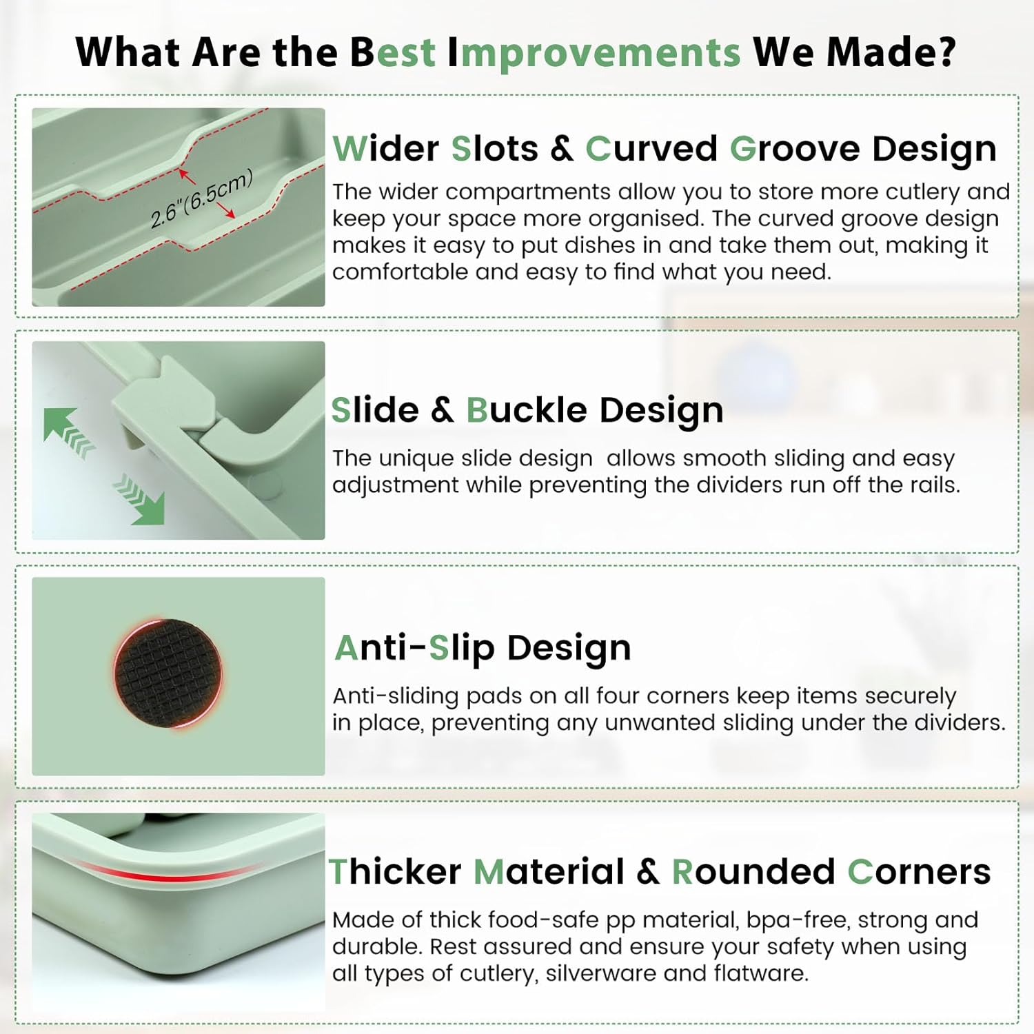 Caperci Large Silverware Organizer for Kitchen Drawer & Utensils - Expandable Drawer Organizer for Cutlery, Flatware & Gadget, BPA-Free Thick Plastic, Wider Compartments & Non-skid Feet (Sage Green)