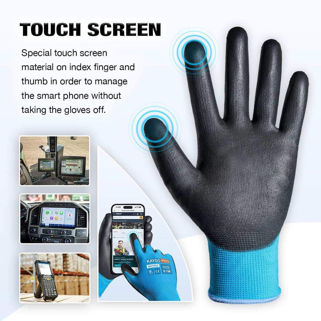 KAYGO Safety Work Gloves PU Coated for Men and Women, KG11P 12 Pairs Seamless Knit Glove with Two Fingers Touchscreen,Ideal for General Duty Work (Blue,M)