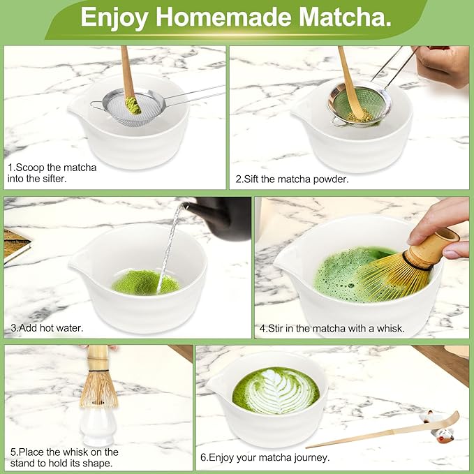 7 Pcs Matcha Whisk Set with Ceramic Bowl, Bamboo Scoop, Whisk, Holder, Sifter, Spoon and Scoop Holder, Tea Kit for Matcha Lover (White)