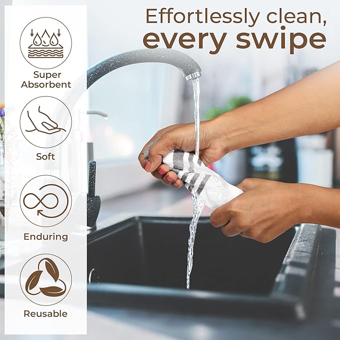 Urban Villa Cotton Dish Cloth Set of 8, Highly Absorbent Super Soft Quick Drying 12x12 Inch Dish Cloths for Kitchen Cleaning & Drying Dishes Mitered Corner Trendy Stripes Kitchen Towels - Grey/White