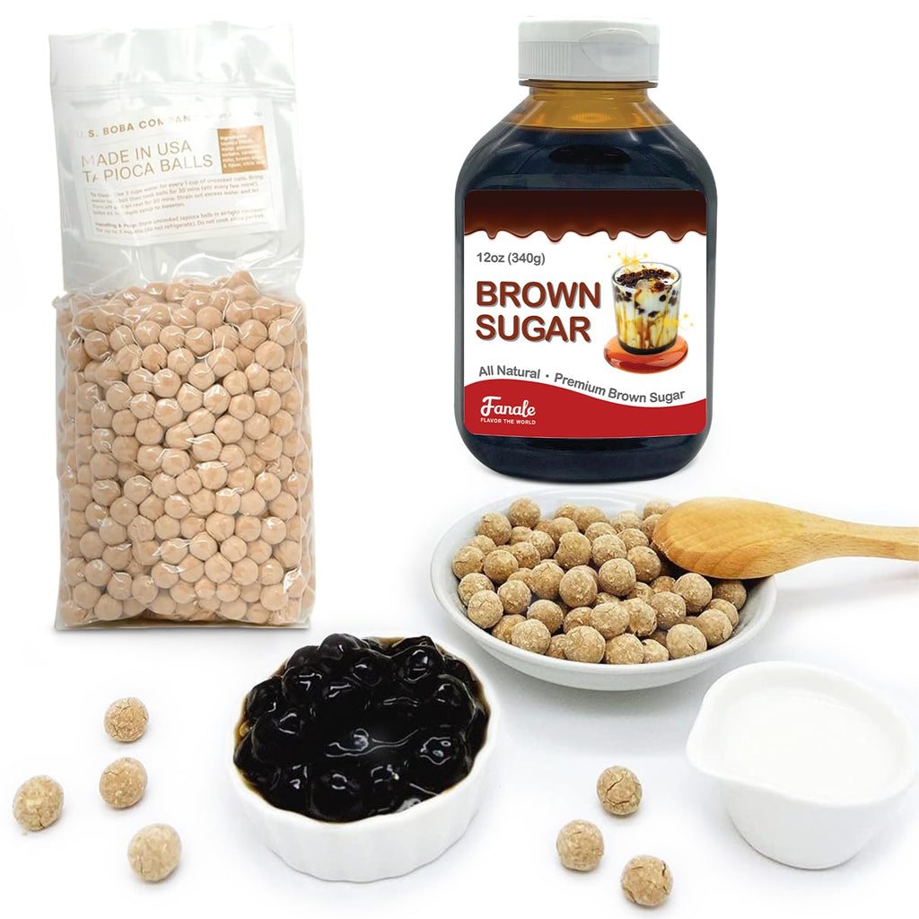 Fanale Brown Sugar Boba Tea Kit with Boba Pearls, US Boba Co Tapioca Pearl Made in USA 1 Pound, Brown sugar boba milk tea, Hand Crafted Brown Sugar Syrup 12 oz for Bubble Milk Tea Coffee Desserts