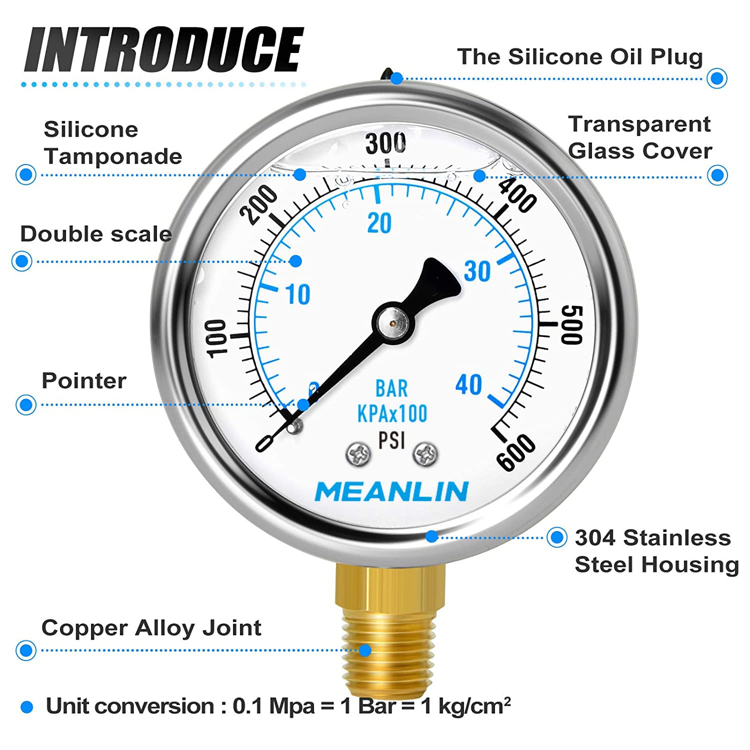 MEANLIN MEASURE 0~600Psi Stainless Steel 1/4" NPT 2.5" FACE DIAL Liquid Filled Pressure Gauge WOG Water Oil Air Lower Mount, with 1/4" x 1/2" NPT and 1/4" x 3/8" NPT Hex Bushing
