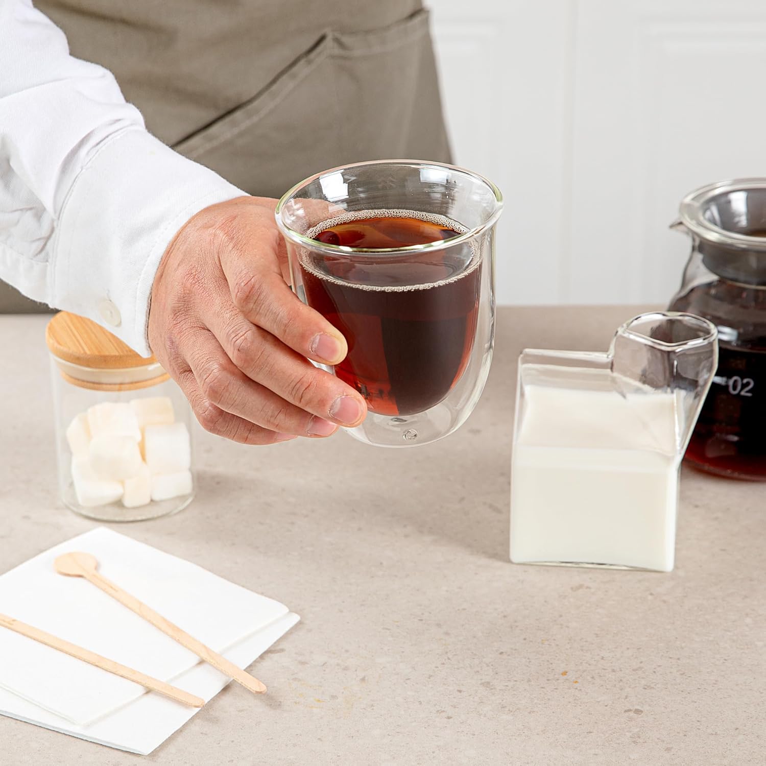 Restaurantware-Forma Professional 6.8 Ounce Double Wall Coffee Cups, 12 Insulated Latte Glasses - Dishwashable, Reusable, Clear Glass Beverage Cups, Freezable, For Hot Or Cold Beverages