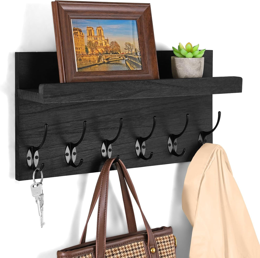 Shelf with Hooks, Coat Rack Wall Mount with 6 Double Metal Hooks, 17 Inch Farmhouse Wall Hooks with Shelf, for Entryway, Bathroom, Kitchen, Black
