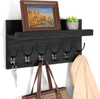 Shelf with Hooks, Coat Rack Wall Mount with 6 Double Metal Hooks, 17 Inch Farmhouse Wall Hooks with Shelf, for Entryway, Bathroom, Kitchen, Black