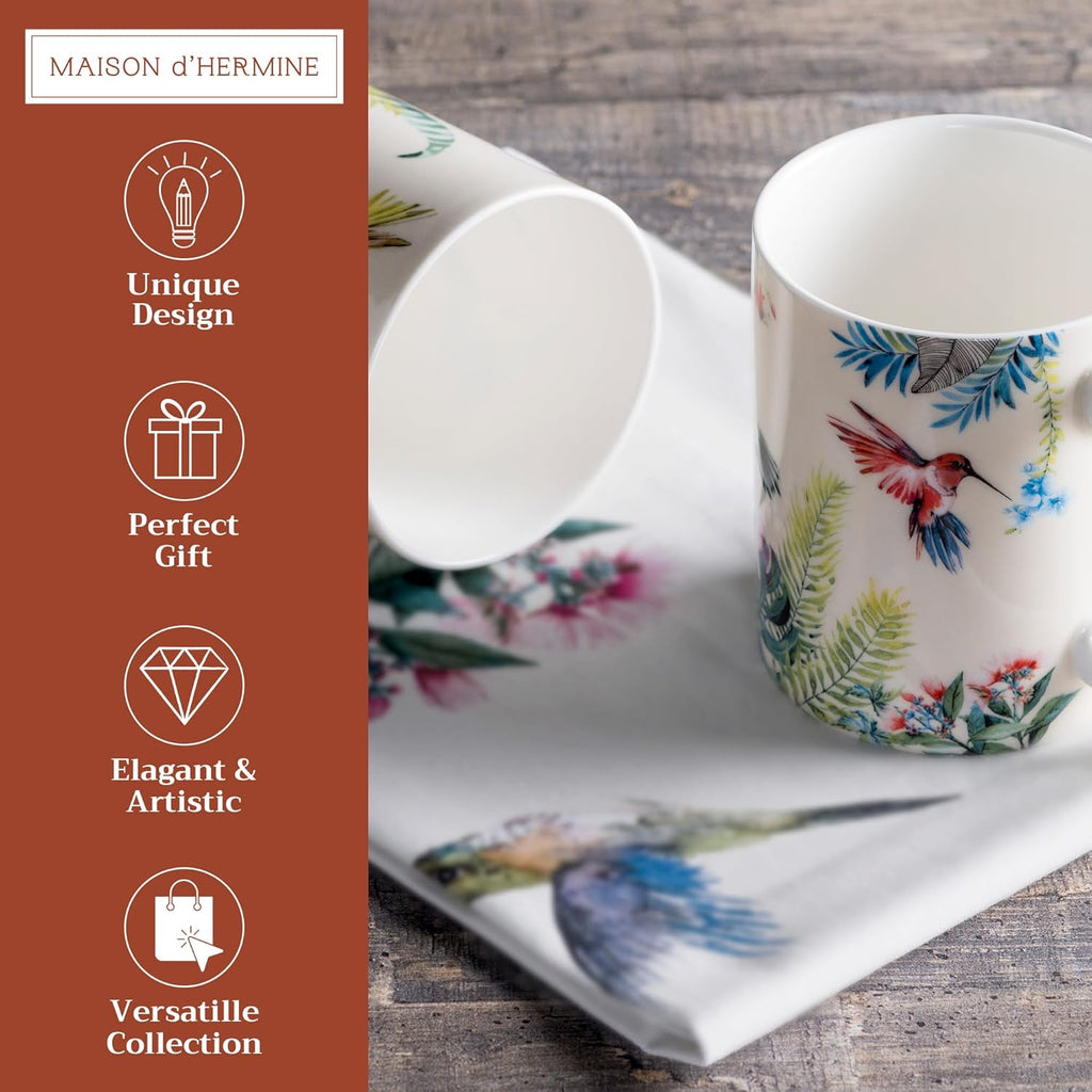 Maison d' Hermine Coffee Mug with Handles Fine Bone China Mugs Pack of Two Tea Cups for Hot Beverages Cappuccino Latte Home Restaurant Office Perfect for Gift (Tropiques, 15 Ounce)