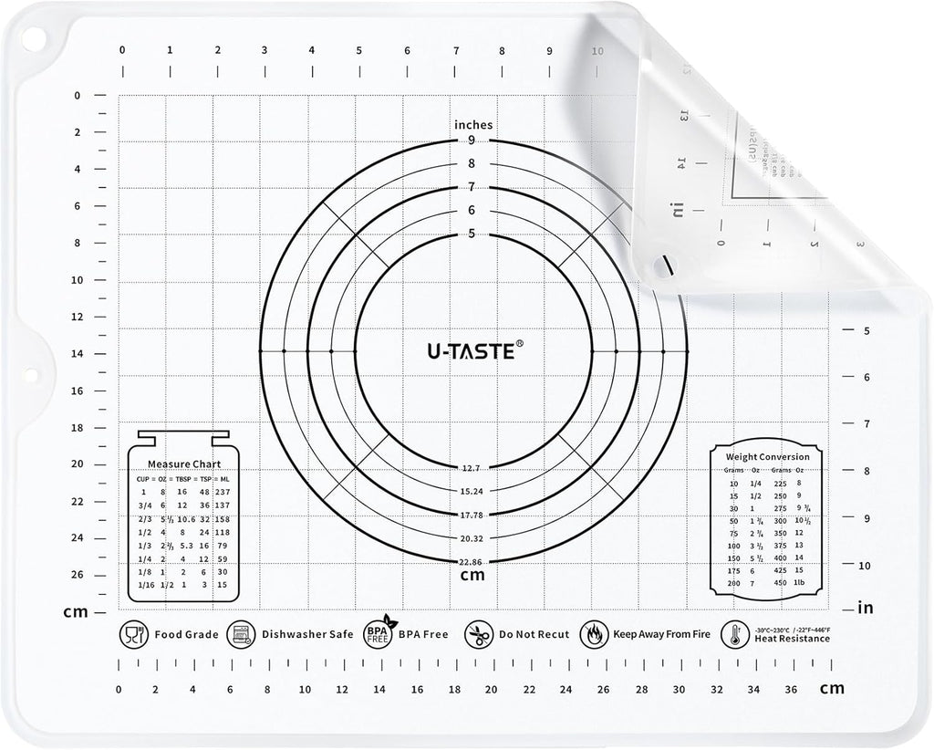U-Taste Liquid Silicone Pastry Mat: 16"x20" Food-Grade Non-Stick Dough Rolling Baking Sheet, Non Slip for Kneading Prep Pizza, Fondant, Pie Crust with Clear Measurement and Raised Edges (Transparent)