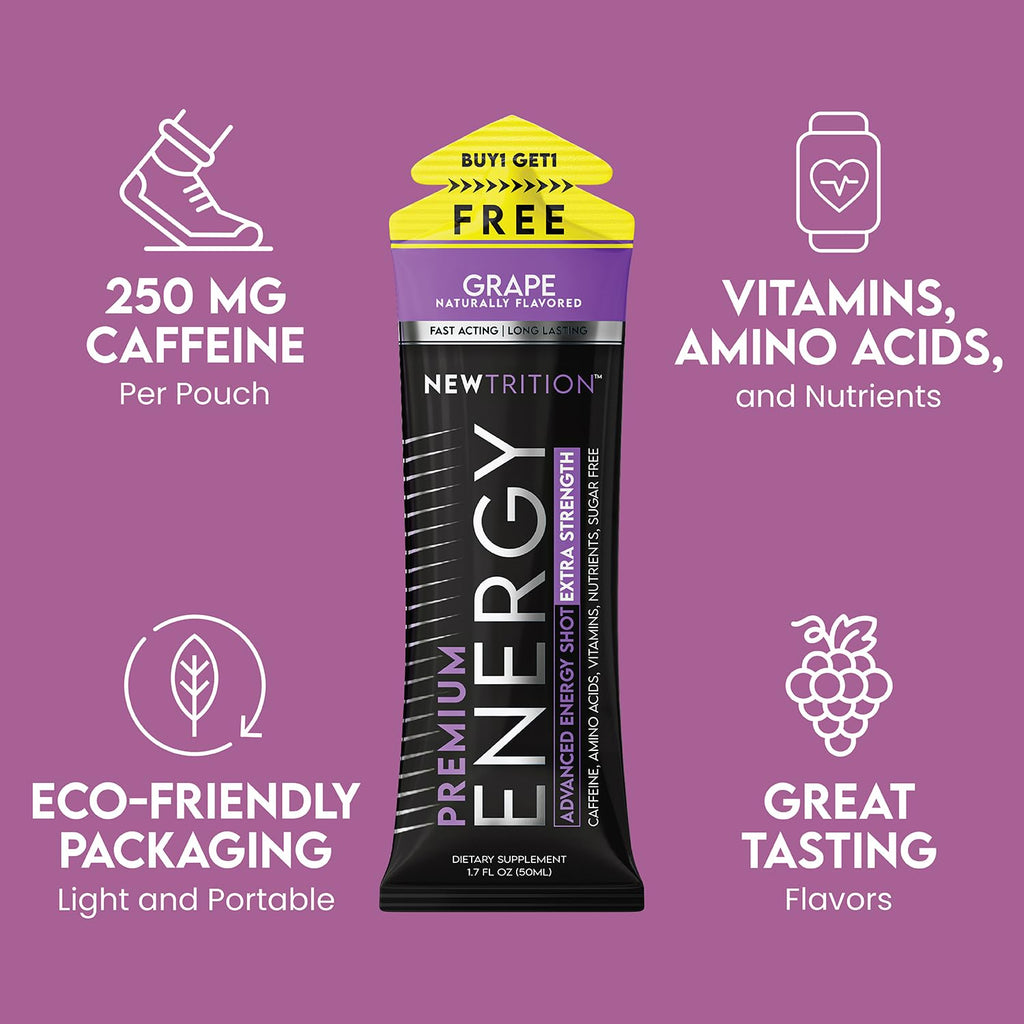 NewTrition® Extra Strength Energy Shots, 250mg Caffeine Energy Shots with Vitamin B & Amino Acids, Sugar-Free Vitamin Energy Shot, 1.7 fl oz (Pack of 12, Grape)