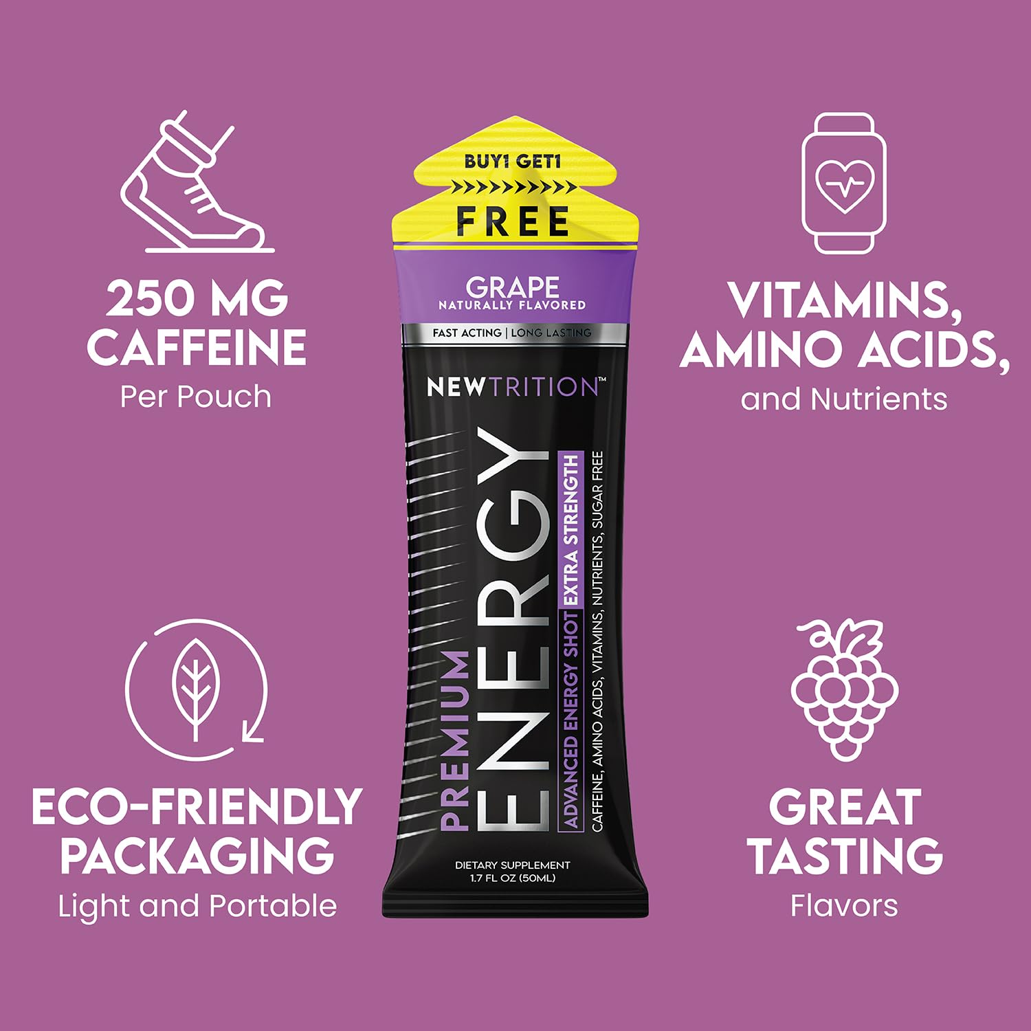 NewTrition® Extra Strength Energy Shots, 250mg Caffeine Energy Shots with Vitamin B & Amino Acids, Sugar-Free Vitamin Energy Shot, 1.7 fl oz (Pack of 12, Grape)