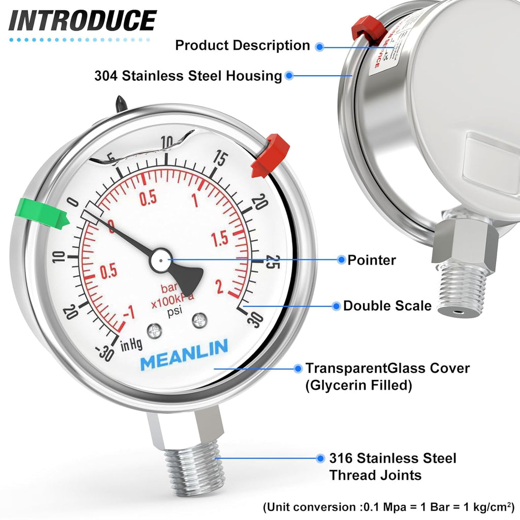 MEANLIN MEASURE -30inHG~30Psi Vacuum Pressure Gauge 316 Stainless Steel Joint 1/4" NPT 2.5" FACE DIAL, Stainless Steel Liquid Filled Pressure Gauge WOG Water Oil Air Lower Mount, 2PCS Snaps