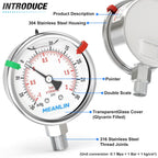 MEANLIN MEASURE -30inHG~30Psi Vacuum Pressure Gauge 316 Stainless Steel Joint 1/4" NPT 2.5" FACE DIAL, Stainless Steel Liquid Filled Pressure Gauge WOG Water Oil Air Lower Mount, 2PCS Snaps