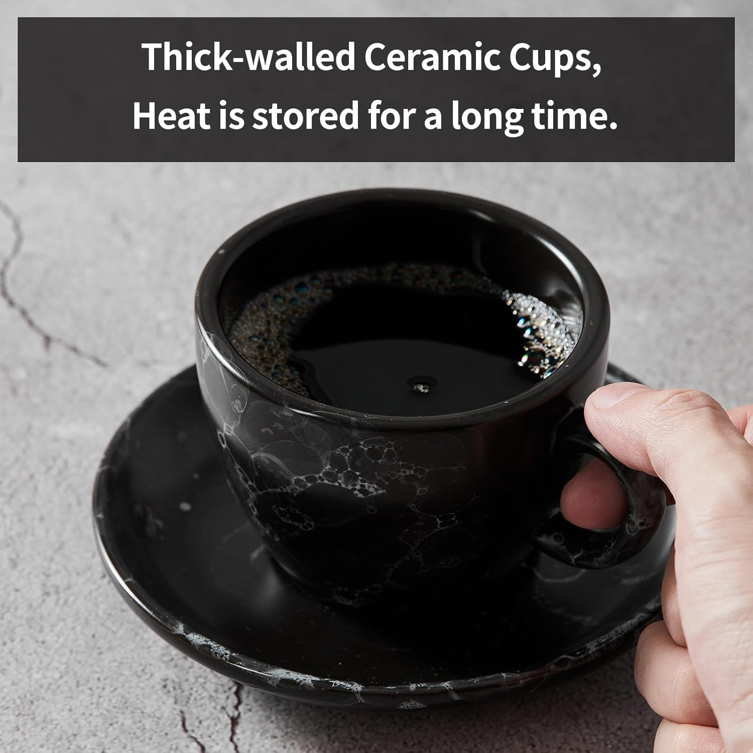 SIDUCAL Espresso Cups Set of 4,6 Ounce Ceramic Coffee Cups with Saucers,Porcelain Double Espresso Cup Set,Gift Box for Boyfriend Gift(Black)