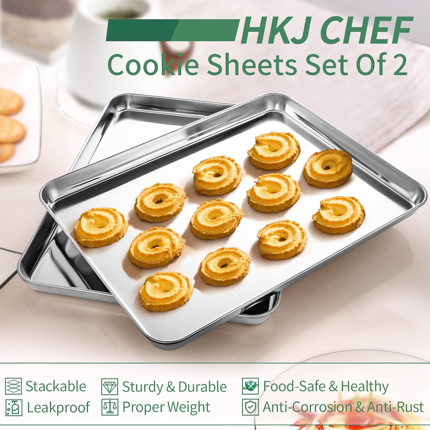 Baking Sheets Set of 2, HKJ Chef Cookie Sheets 2 Pieces Stainless Steel Baking Pans & Toaster Oven Tray Pans, Rectangle Size 20L x 14W x 1H inch & Non Toxic & Healthy & Easy Clean