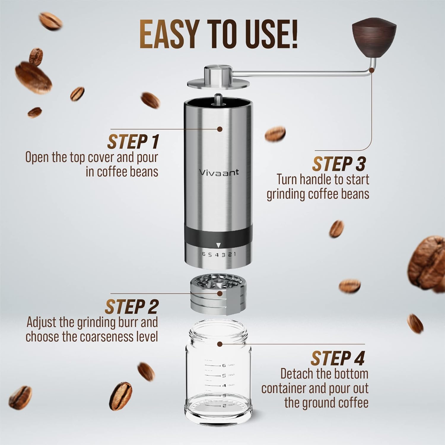 Manual Coffee Grinder, Hand Coffee Grinder with Adjustable Dragon Tooth Stainless Steel Conical Burr, No-Power, Manual Coffee Grinder for Drip Coffee, Espresso, French Press, and More!