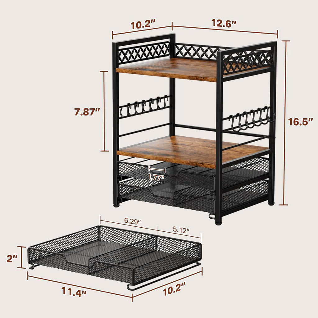 Coffee Bar Organizer Countertop Station Shelf - 4 Tier Mug Holder Stand With 12 Hooks, 30 K Cup Pod Drawer, Multifunctional Shelf for Accessories Kitchen