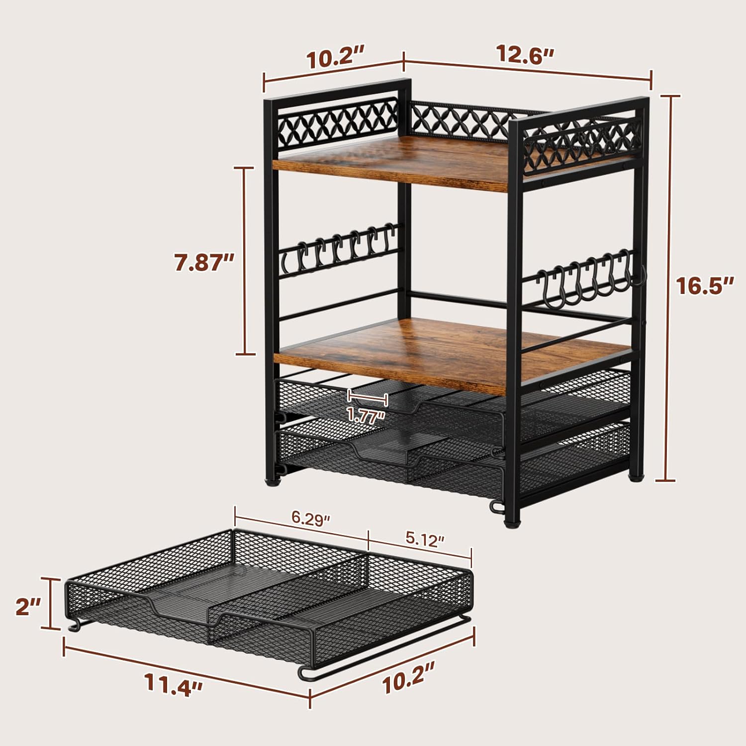 Coffee Bar Organizer Countertop Station Shelf - 4 Tier Mug Holder Stand With 12 Hooks, 30 K Cup Pod Drawer, Multifunctional Shelf for Accessories Kitchen