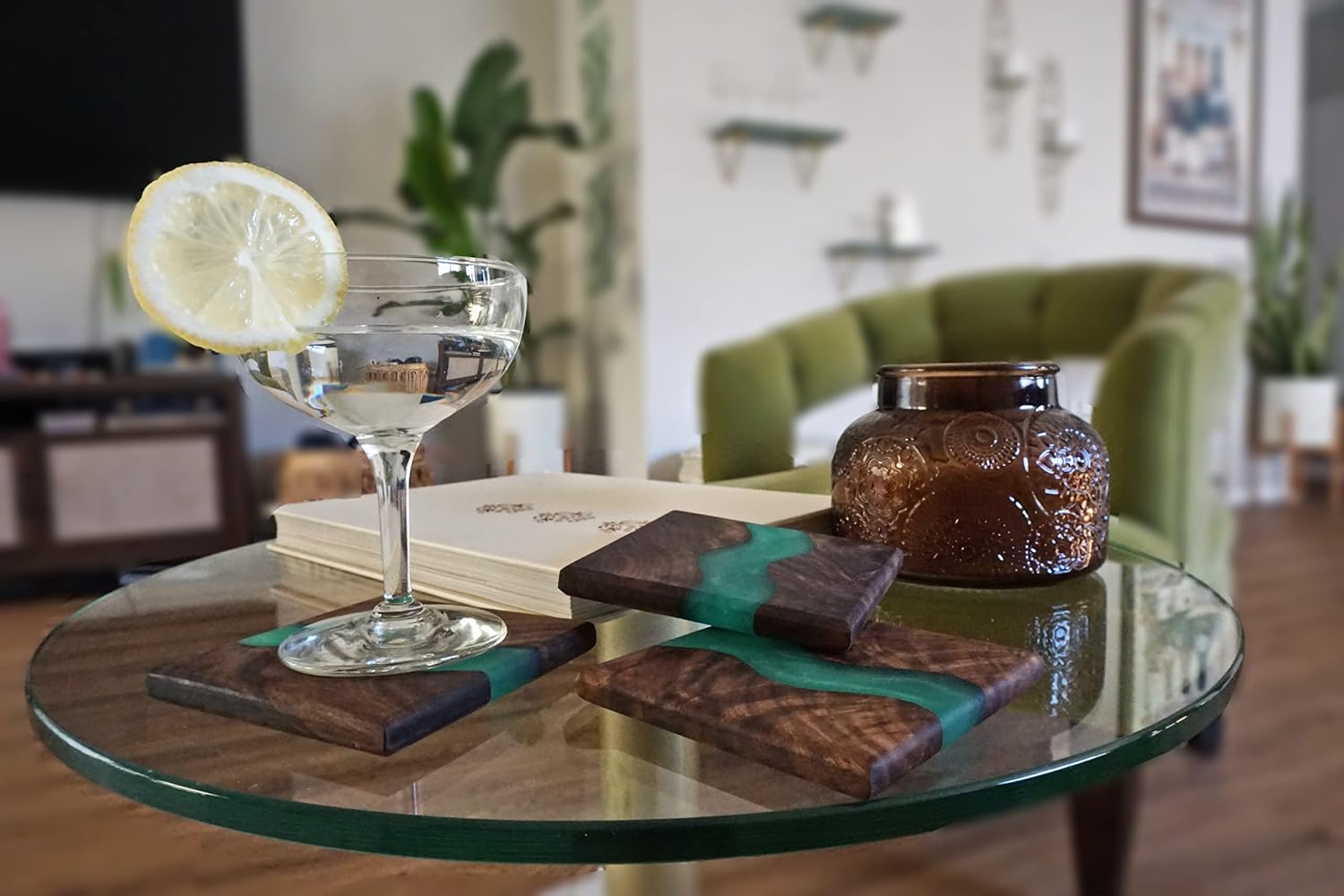 Wood Coaster Set for Drinks | Handmade with Dark Walnut & Natural Wood Sealant Finish for Water Resistance, Easy Cleaning & No Stains | Epoxy Resin River (4 Pieces) (Green)