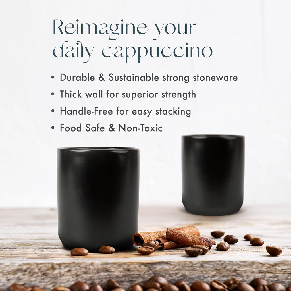 Folk Ceramics Dylan Ceramic Cappuccino Cups Set | Double Walled Ceramic Coffee Mug Set | Compact & Heat Insulated Cappuccino, Tea, Coffee & Latte Cup | 8oz, Set of 2 | Matte Black