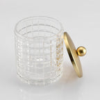 Glass Cotton Jar Holder Matte Gold Lid, Elegant Bathroom Storage Canister for Qtips, Cotton Balls, Floss, Makeup Organizer, Vanity Bathroom Organization