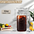 32oz Glass Pitcher with Handle and Lid, 1 Quart Mason Jar Pitcher - Airtight & Leakproof Water Jug with Pour Spout Lid, Glass Containers for Fridge, Perfect for Juice, Cold Brew, Iced & Sun Tea