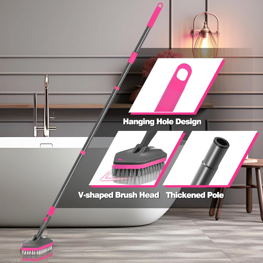 NEWE Shower Cleaner Brush, Tub Tile Scrubber with Telescopic Long Handle 60 inches, 4 Scrub Heads for Cleaning Bathroom Bathtub Floor Baseboard Sink Kitchen Toilet (Grey Red)
