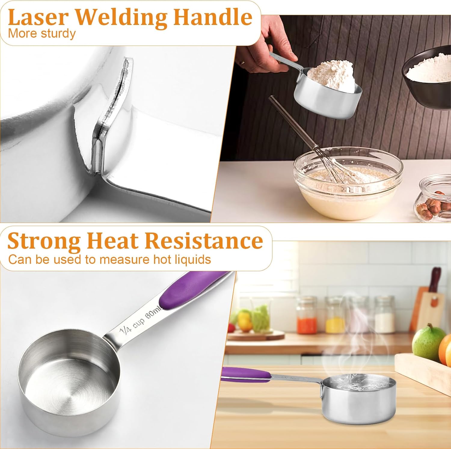 10 Pcs 1/4 Measuring Cup, 2 Oz Stainless Steel Scoop with Silicone Handle, Metal Mini Measuring Scoops Kitchen Gadgets for Cooking Baking,Coffee Bean Pet Food,Ingredients,Purple