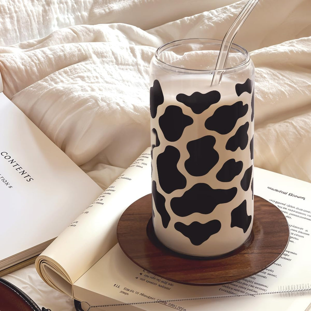 SANDJEST Cow Glass Can, Cow Prints Cup with Lid & Straw, Iced Coffee Aesthetic Cups, Idea Gift for Christmas Birthday Mother Day, Gifts for Women, 16oz