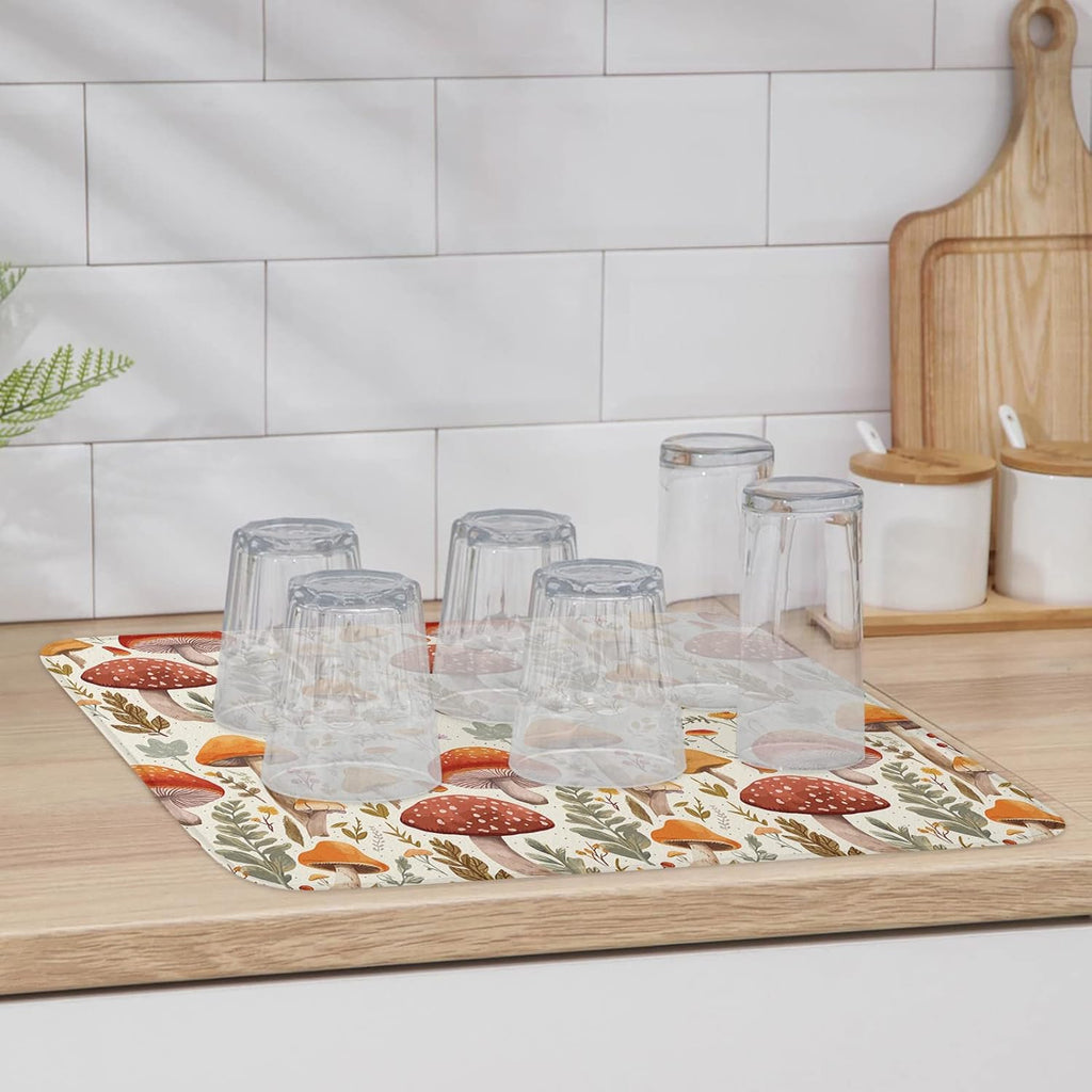 Fall Dish Drying Mat for Kitchen Counter Mushroom Drying Pad Absorbent Drying Mats for Countertops Sinks Draining Racks Autumn Plant Leaves Drainer Holiday Harvest Thanksgiving Decorations 16x18