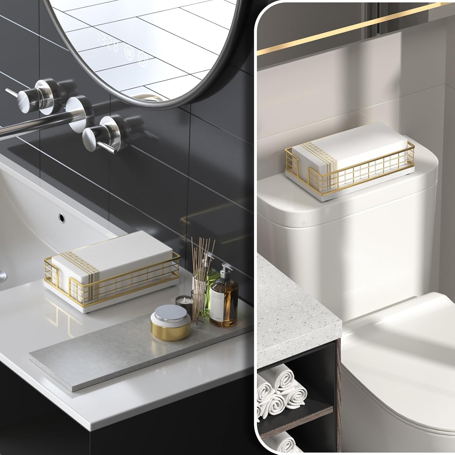 Wican Marble Guest Towel Holder Tray for Bathroom, Napkins Holder for Powder Room Dinning Table Wooden Basket for Disposable Paper Hand Towels Gold and Marble White