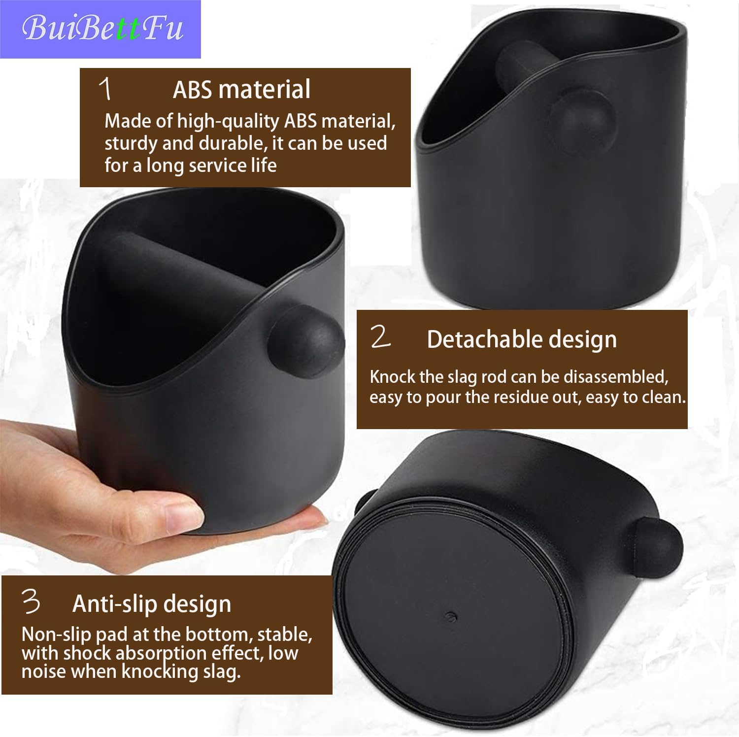 Coffee Knock Box Shock-Absorbent Durable Barista Style Knock Box With Removable Knock Bar and Non-Slip Base Gift (4.6 x 4.3 Inch-Black)