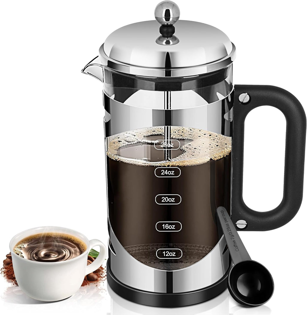 34 Ounce French Press Coffee Maker Chromium Stainless Steel Coffee Press, with 4-Level Filter System, Heat Resistant Thickness Borosilicate Glass, BPA-Free Brewed Coffee Pot for Camping Gifts