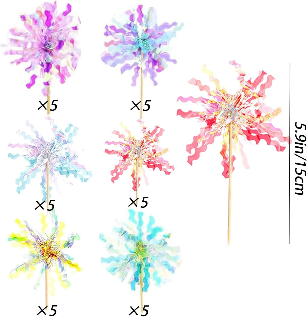 30 Pieces Happy Birthday Cake Toppers Foil Firework Cupcake Toppers Sparkle Tinsel Flower Drink Stirrers for Cake Decoration Party Supplies