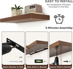 Floating Shelves - 2 Large Wall Mounted Shelves with Invisible Brackets, Long Walnut Wood Floating Wall Shelf for Living Room, Bedroom, Kitchen (48" W x 9" D x 1.5" H)