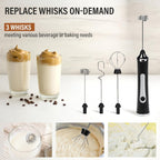 Rechargeable Milk Frother with Stand - 3 Speed Adjustable Electric Whisk, 3 Detachable Stainless Steel Heads for Latte, Cappuccino, Matcha, Egg(Black)