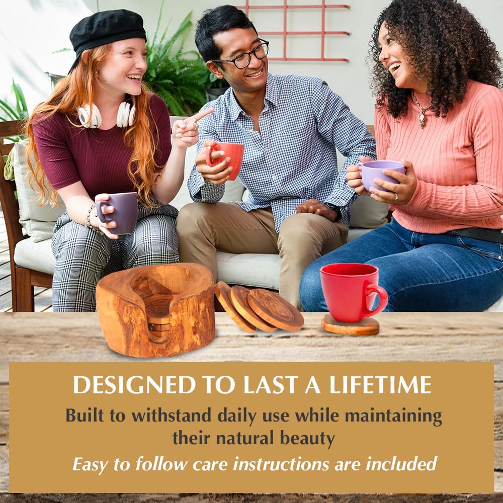 Kamsah Olive Wood Coasters Set of 6 & Holder - Handmade, Natural, Durable Wooden Coasters for Drinks - Round, Rustic, Farmhouse Coaster for Table, Bar, Desk, Coffee Table, Kitchen, & More