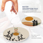 Drink Coasters Set of 6 with Holder, Abstract Boho Sun Leaves Absorbent Ceramic Coasters with Cork Base,Fit All Cups,Great Gift for Housewarming,Room Decor,Bar,Holiday Party