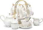 CHENP.HMC Tea Set 22-Piece Porcelain Ceramic Coffee Tea Gift Sets Cups Saucer Service for 6 Teapot Sugar Bowl Creamer Pitcher and Teaspoons (WHITE3)
