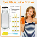 12 Pack 8oz Glass Juice Bottles with Lids, 250ml Reusable Glass Juicing Bottles, Square Drinking Jars Drink Containers with Caps for Water, Milk, Ginger, Kombucha, Beverages