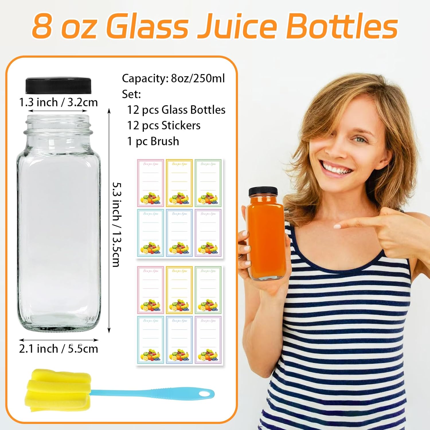12 Pack 8oz Glass Juice Bottles with Lids, 250ml Reusable Glass Juicing Bottles, Square Drinking Jars Drink Containers with Caps for Water, Milk, Ginger, Kombucha, Beverages