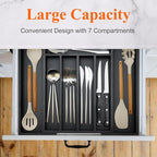 Expandable Bamboo Kitchen Drawer Organizer Utensil Tray Black Wood Silverware Organizer Adjustable Wooden Cutlery Tray for Fork Spoon Organizer Large Cooking Utensil Holder Drawer Flatware Organizer
