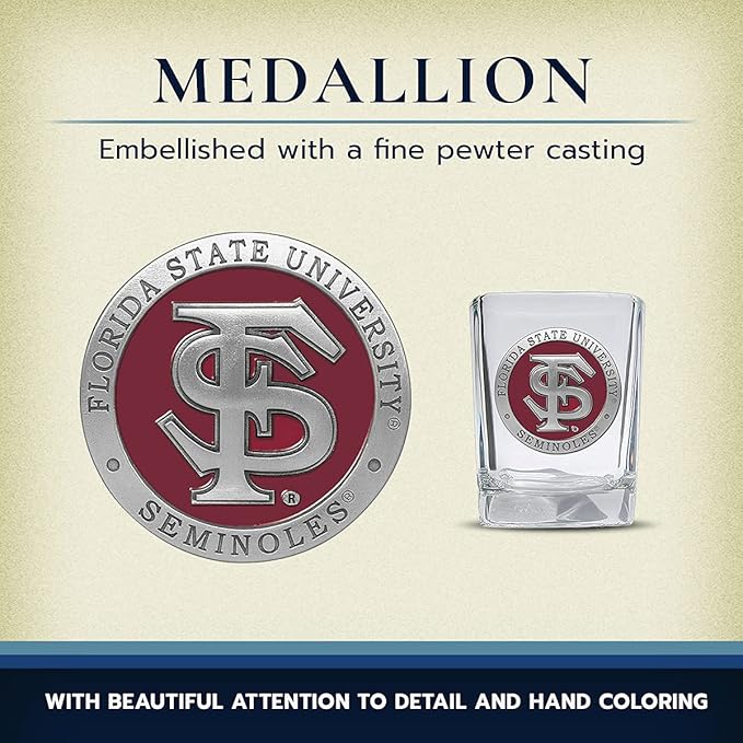 Heritage Pewter Florida State University Square Shot Glass | Hand-Sculpted 1.5 Ounce Shot Glass | Intricately Crafted Metal Pewter Alma Mater Inlay