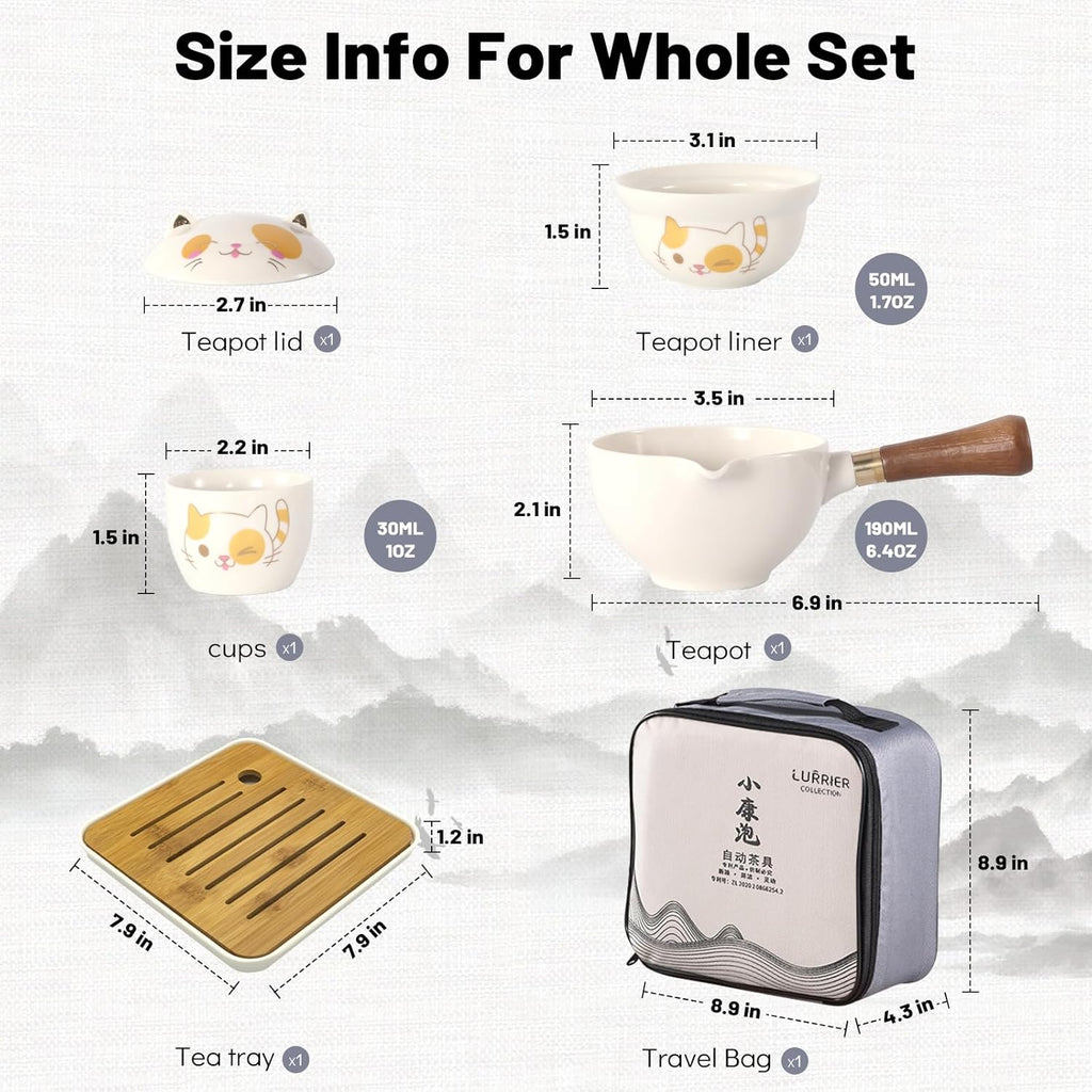 LURRIER Porcelain Chinese Gongfu Tea Set,Portable Teapot Set with 360 Rotation Tea maker and Infuser,Portable All in One Gift Bag for Travel,Home,Gifting,Outdoor and Office (Kitty Cat)