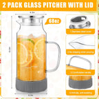 Honeydak 2 Pack Glass Pitcher with Lid, 68 oz 2 Liter Water Pitcher with Silicone Base, Spout and Handle Large Ice Tea Carafe for Fridge, Anti-slip Glass Water Jug for Drinks Tea Coffee Milk Beverage