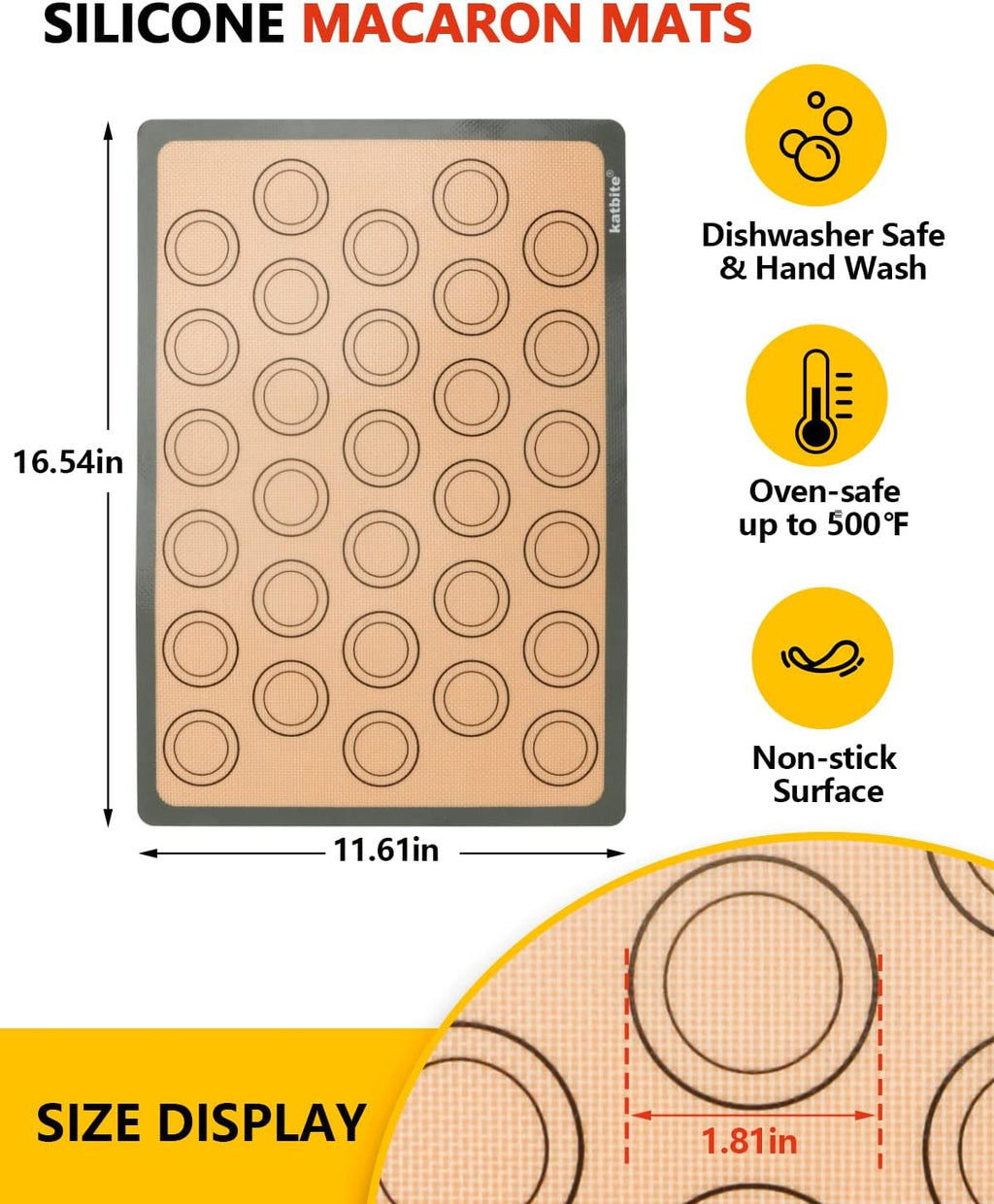 Macaron Silicone Baking Mats, Katbite Silicone Macaroons Baking Mat Set of 2 Half Sheet (11 5/8" x 16 1/2") Reusable & Nonstick Macarons Baking Supplies Silicone Bakeware Mats for Macarons Cookies