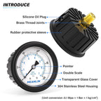 MEANLIN MEASURE 0~100Psi Stainless Steel 1/4" NPT 2.5" FACE DIAL,Liquid Filled Pressure Gauge, Center Back Mount (with Rubber Protective Sleeve), with 1/2" NPT and 3/8" NPT Hex Bushing