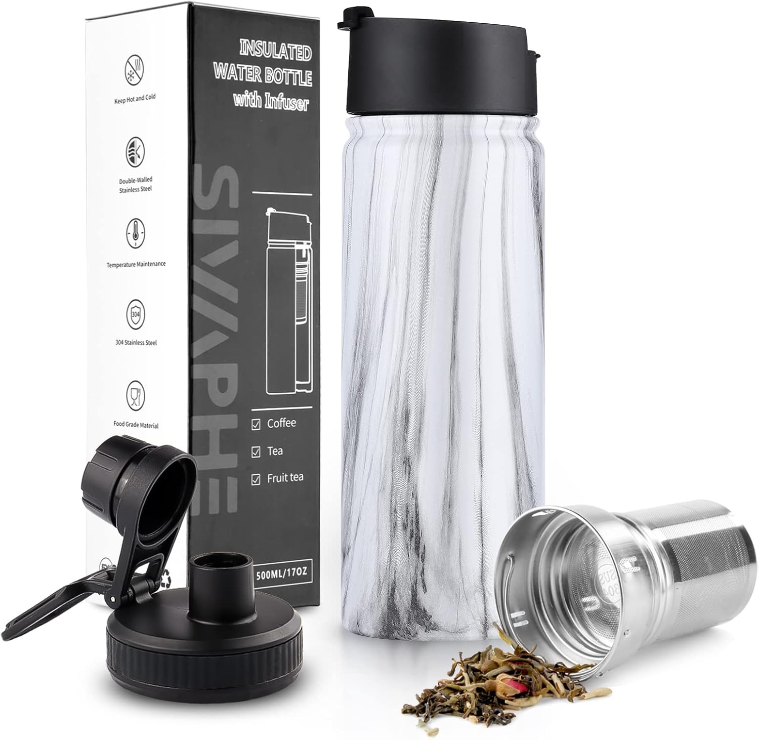 Tea Infuser Bottle With Removable Loose Leaf 18/8 Stainless Steel Insulated Travel Tea Strainer Tumbler tea drinkers gifts for women(White Marble)