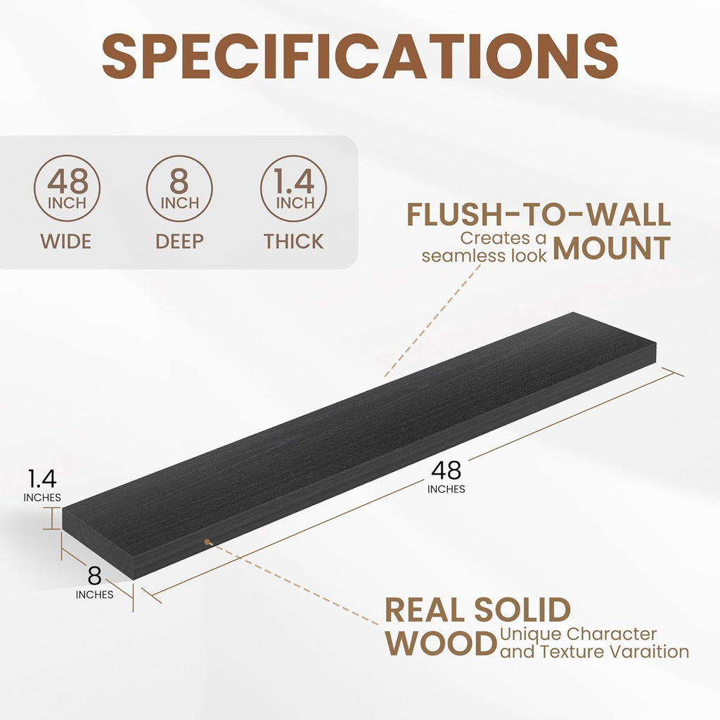 Fun Memories Rustic Real Wood Floating Shelves, 8 Inch Deep Floating Shelf Wall Mounted, 48" W x 8" D Wall Shelves Storage Shelves for Living Room, Bedroom, Bathroom, Black Finish, Set of 1