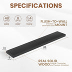 Fun Memories Rustic Real Wood Floating Shelves, 8 Inch Deep Floating Shelf Wall Mounted, 48" W x 8" D Wall Shelves Storage Shelves for Living Room, Bedroom, Bathroom, Black Finish, Set of 1