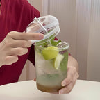 2 Pcs Drinking Glasses with Glass Lids and Glass Straw 16oz Glassware Set,Iced Coffee Glasses,Ideal for Water,Soda,Tea,Gift - with Cleaning Brushe